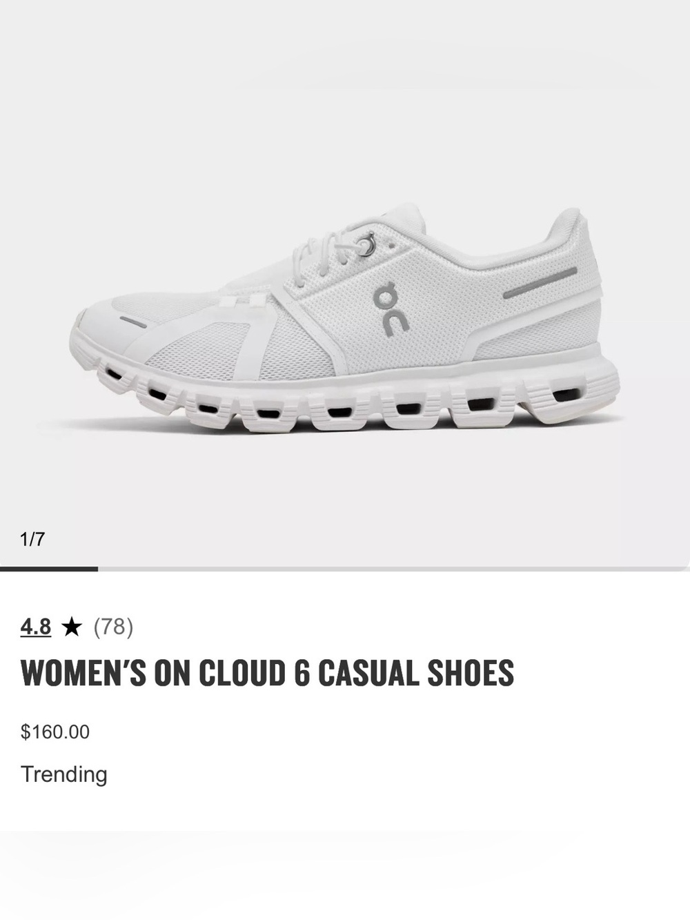 On Running Cloud 6 Womens Sneakers — White with Silver Accents